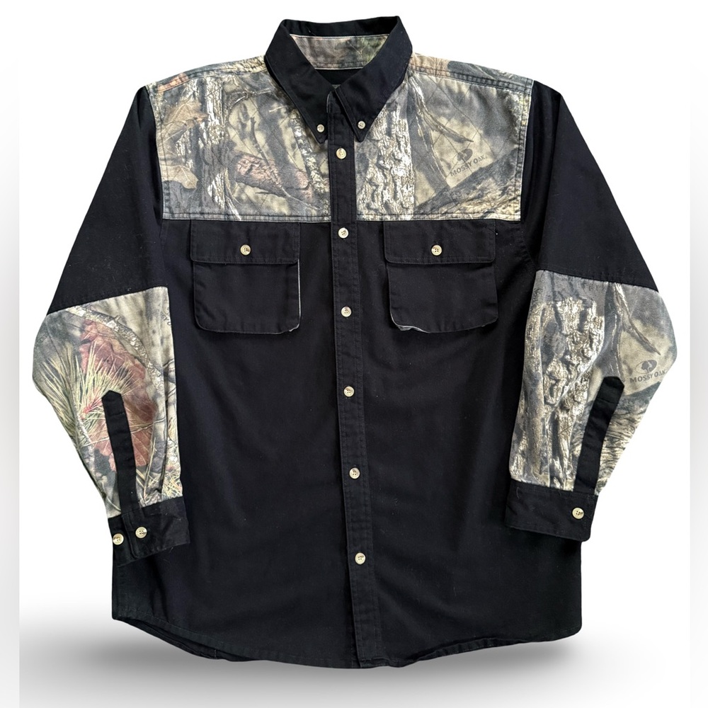 Men's Black Button-Down Shirt with Camouflage Panels